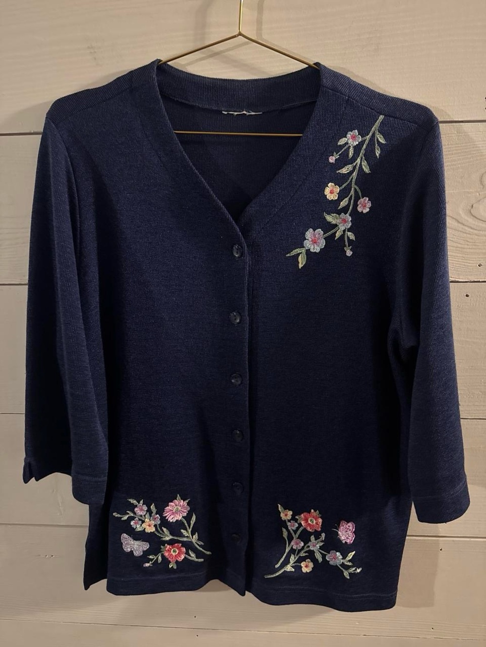 Navy Floral Embroidered Button-Front Women’s Sweater Cardigan